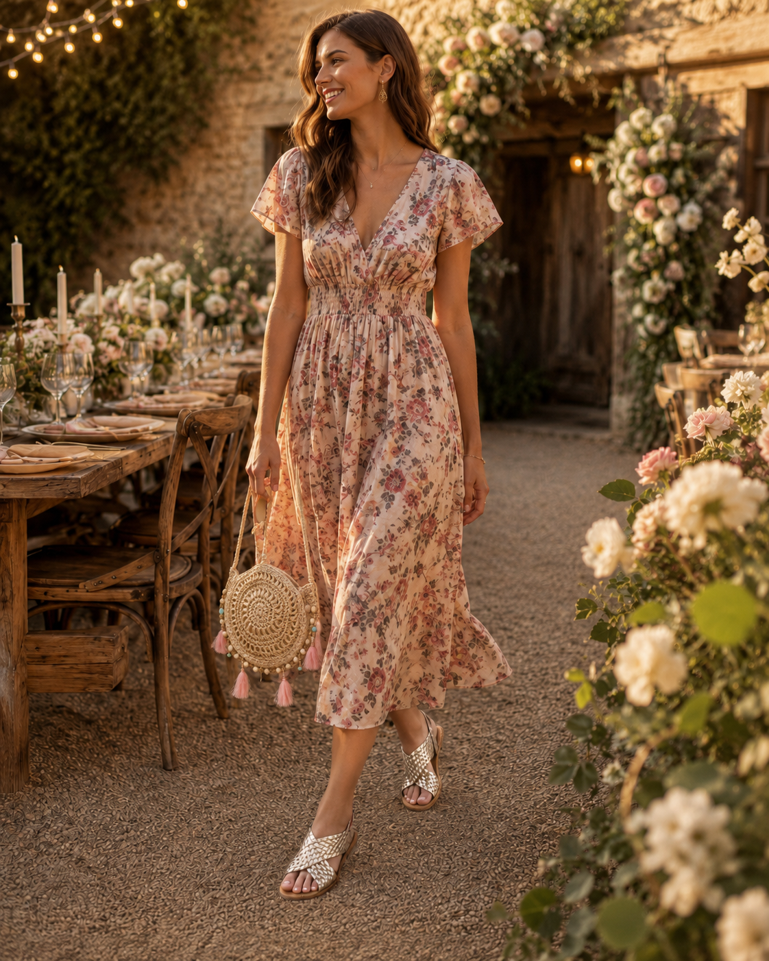 femme en robe midi fleurie portant des sandales dorées dans un décor de mariage champêtre, lumière dorée, fleurs et tables en bois en arrière-plan.